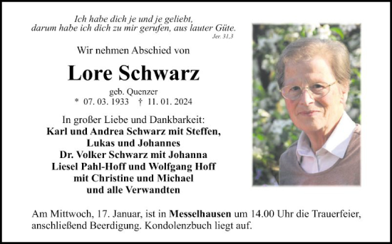 Traueranzeige von Lore Schwarz von Fränkische Nachrichten