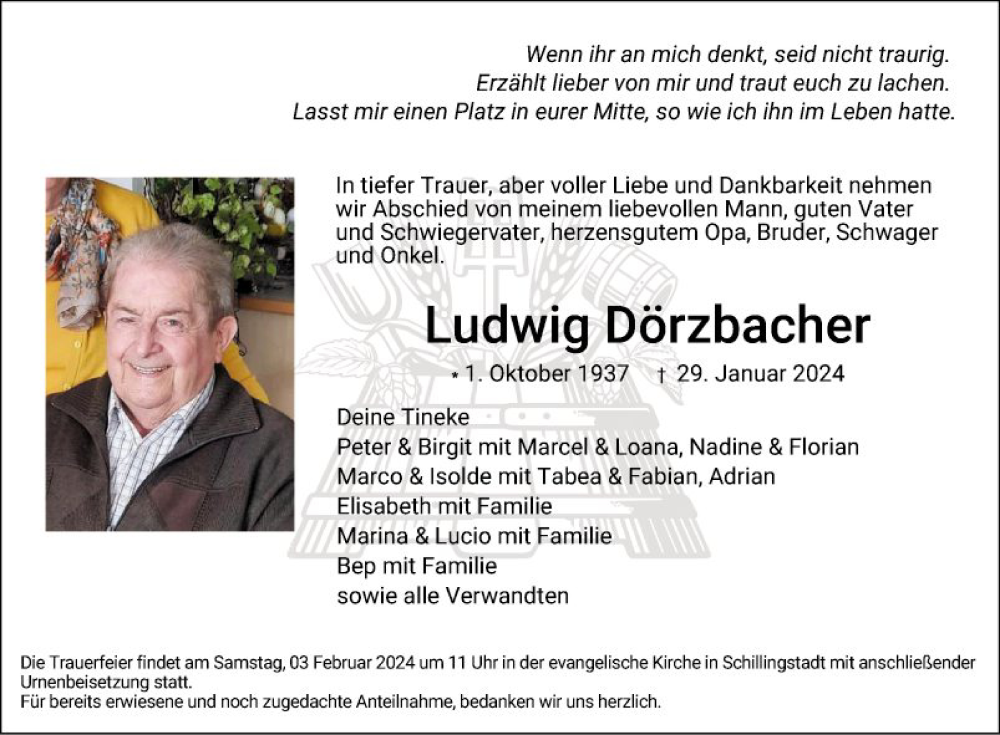  Traueranzeige für Ludwig Dörzbacher vom 01.02.2024 aus Fränkische Nachrichten