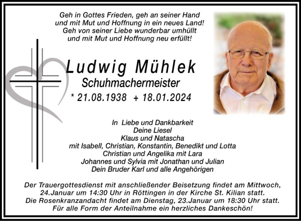  Traueranzeige für Ludwig Mühlek vom 24.01.2024 aus Fränkische Nachrichten