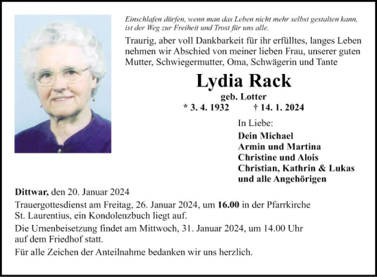 Traueranzeige von Lydia Rack von Fränkische Nachrichten