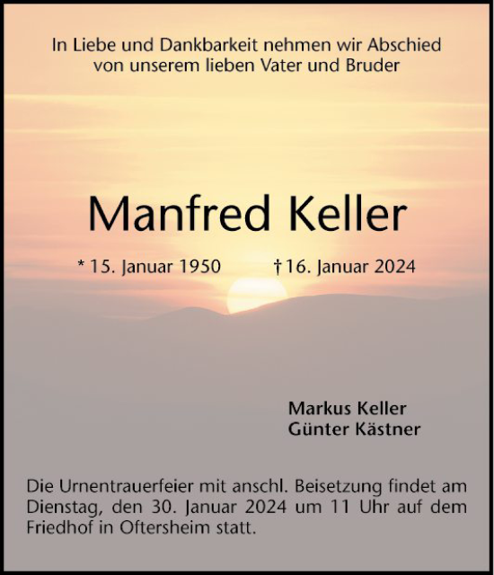 Traueranzeige von Manfred Keller von Schwetzinger Zeitung