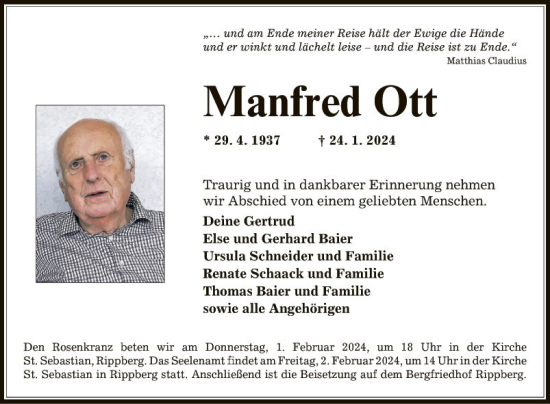 Traueranzeige von Manfred Ott von Fränkische Nachrichten