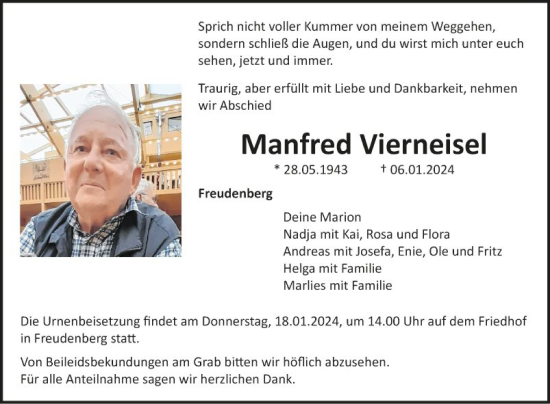 Traueranzeige von Manfred Vierneisel von Fränkische Nachrichten