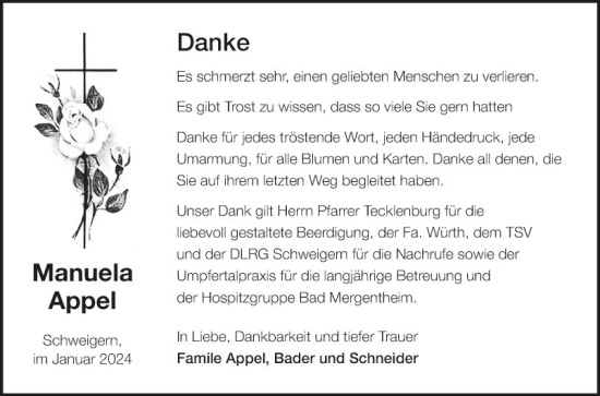 Traueranzeige von Manuela Appel von Fränkische Nachrichten