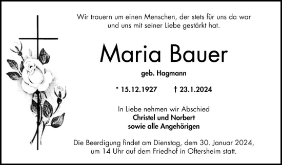 Traueranzeige von Maria Bauer von Schwetzinger Zeitung