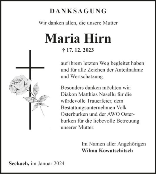 Traueranzeige von Maria Hirn von Fränkische Nachrichten
