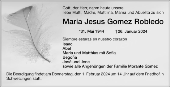 Traueranzeige von Maria Jesus Gomez Robledo von Schwetzinger Zeitung