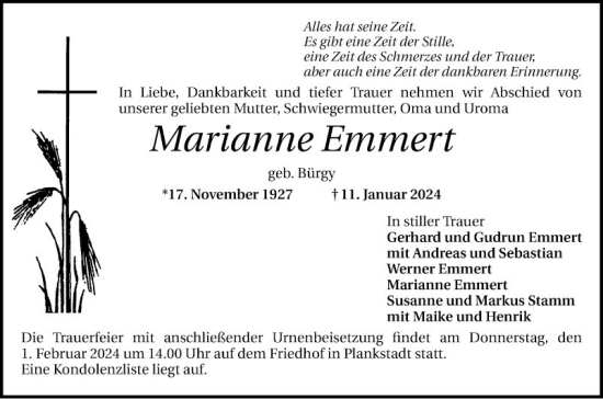 Traueranzeige von Marianne Emmert von Schwetzinger Zeitung