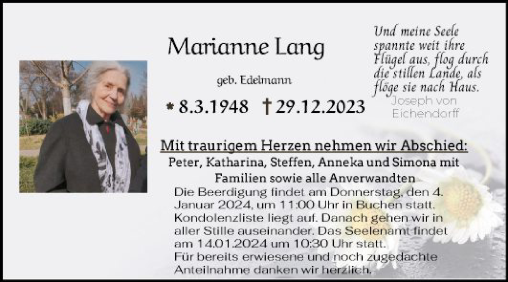  Traueranzeige für Marianne Lang vom 03.01.2024 aus Fränkische Nachrichten