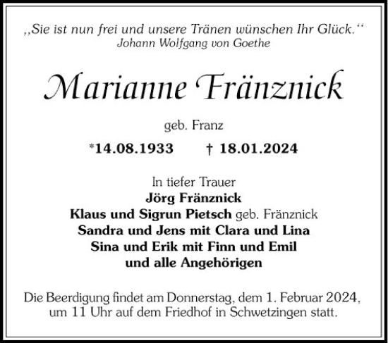Traueranzeige von Marianne Tränznick von Schwetzinger Zeitung