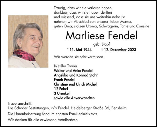 Traueranzeige von Marliese Fendel von Bergsträßer Anzeiger