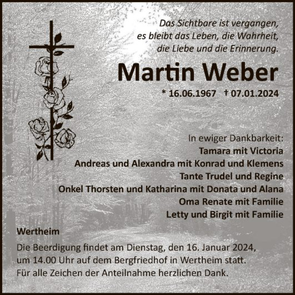 Traueranzeige für Martin Weber vom 11.01.2024 aus Fränkische Nachrichten