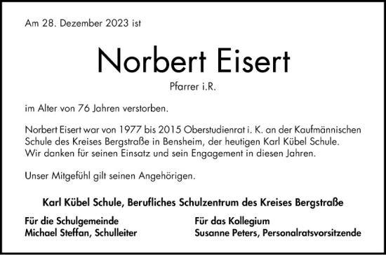 Traueranzeige von Norbert Eisert von Bergsträßer Anzeiger