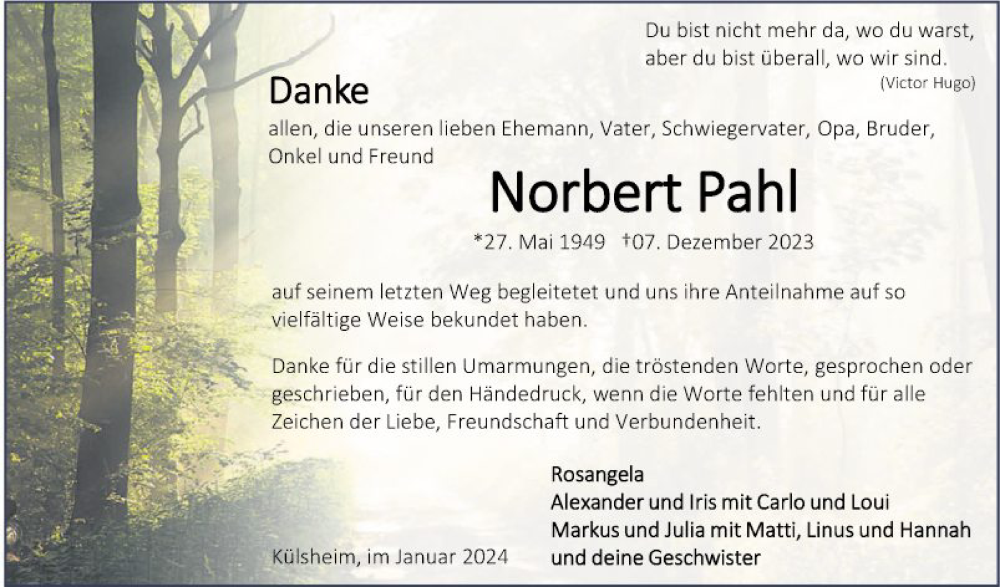  Traueranzeige für Norbert Pahl vom 13.01.2024 aus Fränkische Nachrichten