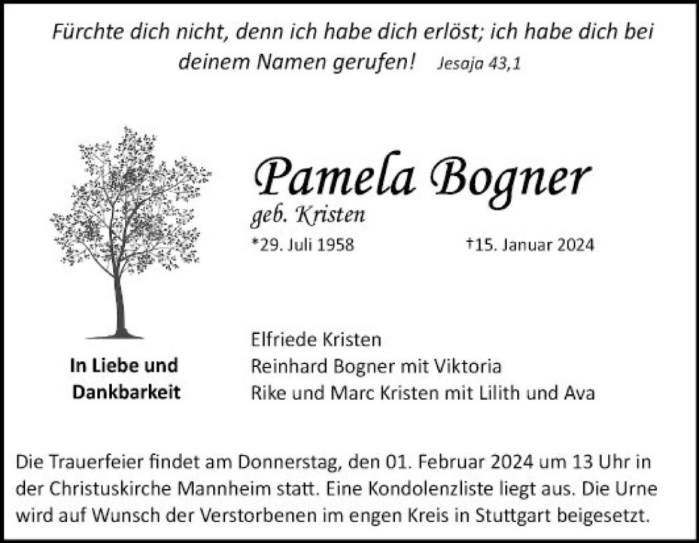  Traueranzeige für Pamela Bogner vom 27.01.2024 aus Mannheimer Morgen