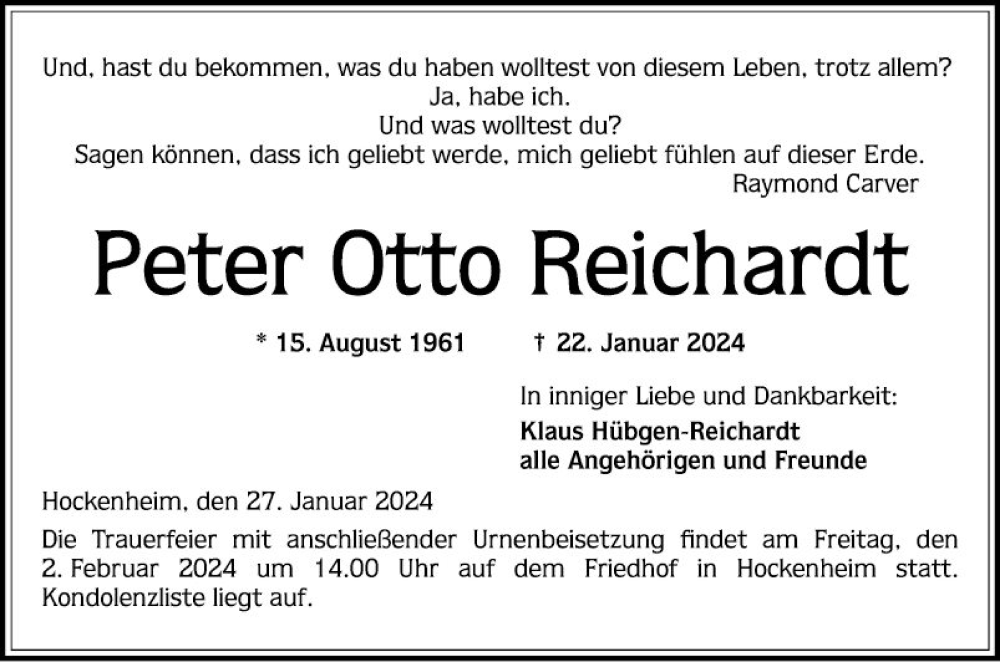  Traueranzeige für Peter Otto Reichardt vom 27.01.2024 aus Schwetzinger Zeitung