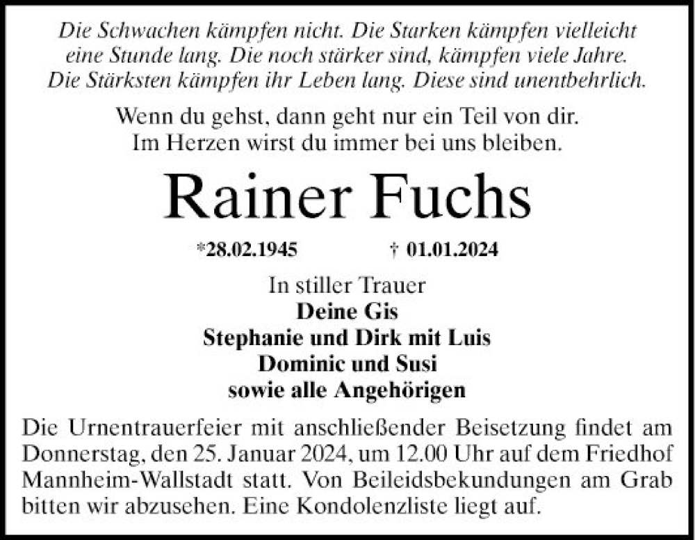 Traueranzeige für Rainer Fuchs vom 20.01.2024 aus Mannheimer Morgen