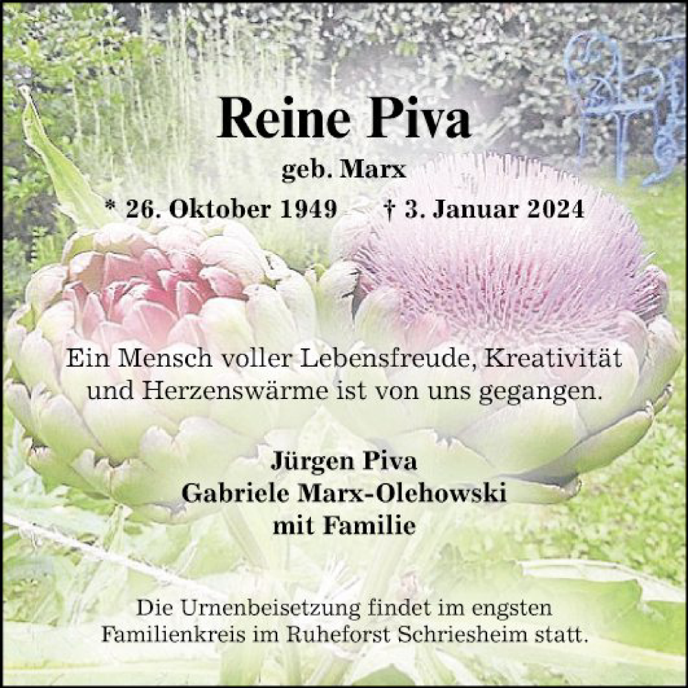  Traueranzeige für Reine Piva vom 13.01.2024 aus Mannheimer Morgen