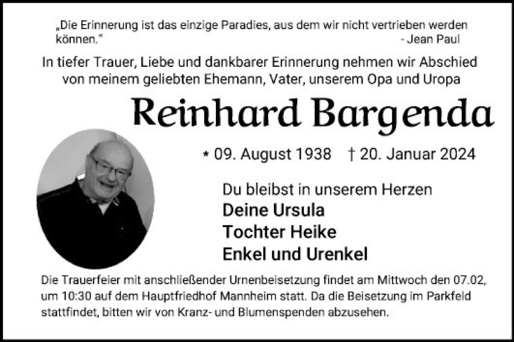  Traueranzeige für Reinhard Bargenda vom 27.01.2024 aus Bergsträßer Anzeiger