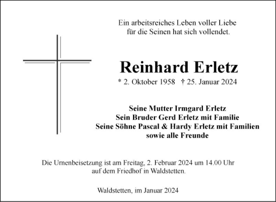 Traueranzeige von Reinhard Erletz von Fränkische Nachrichten