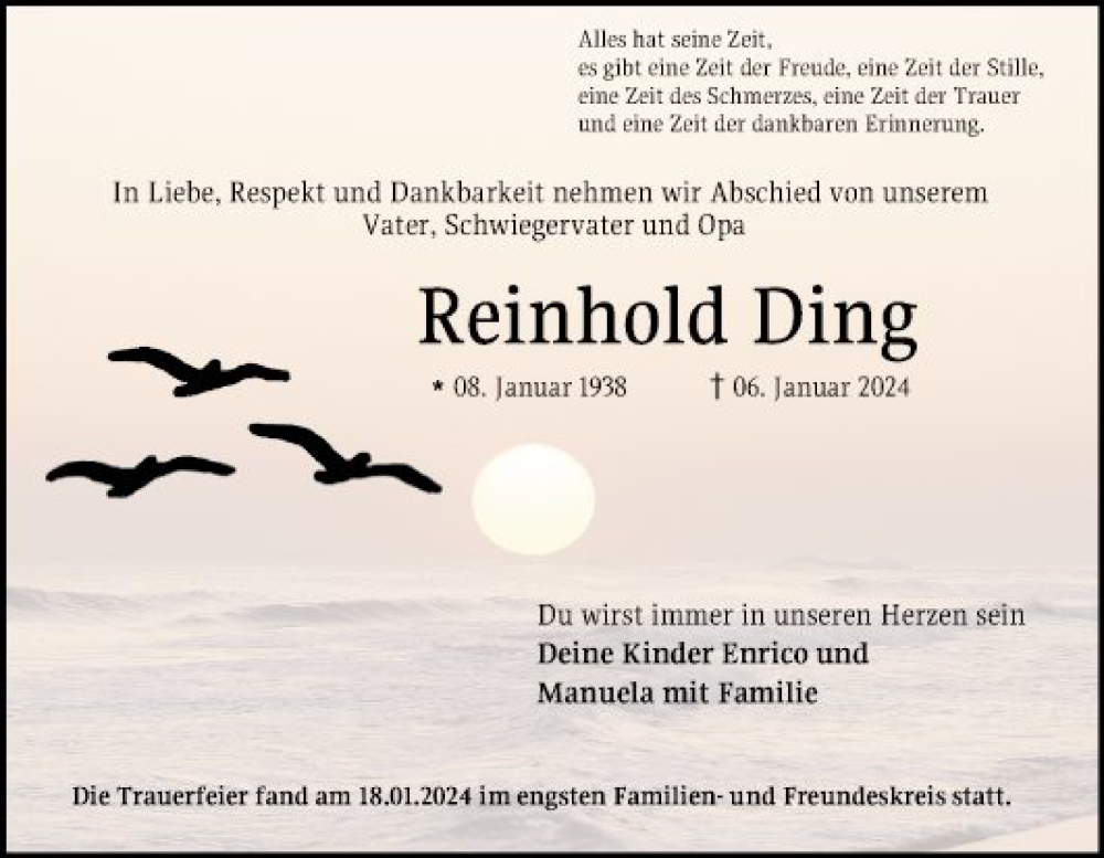  Traueranzeige für Reinhold Ding vom 20.01.2024 aus Mannheimer Morgen