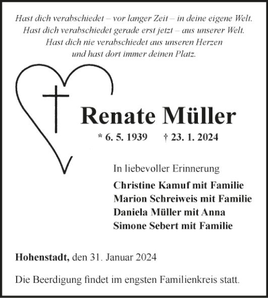 Traueranzeige von Renate Müller von Fränkische Nachrichten