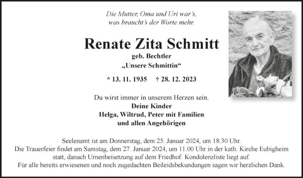  Traueranzeige für Renate Zita Schmitt vom 23.01.2024 aus Fränkische Nachrichten