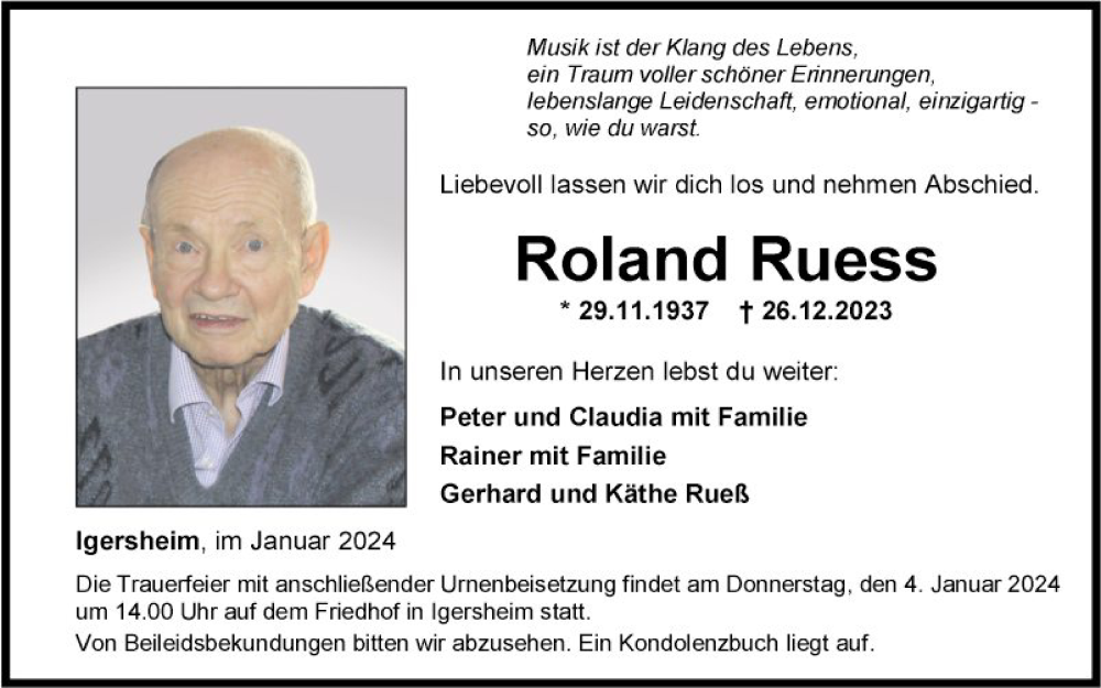  Traueranzeige für Roland Ruess vom 02.01.2024 aus Fränkische Nachrichten