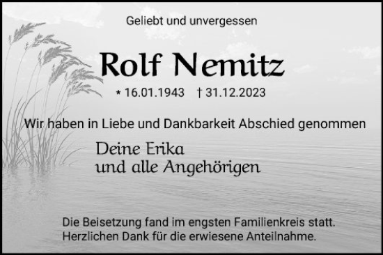Traueranzeige von Rolf Nemitz von Mannheimer Morgen