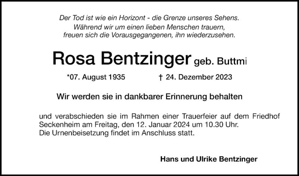  Traueranzeige für Rosa Bentzinger vom 05.01.2024 aus Mannheimer Morgen
