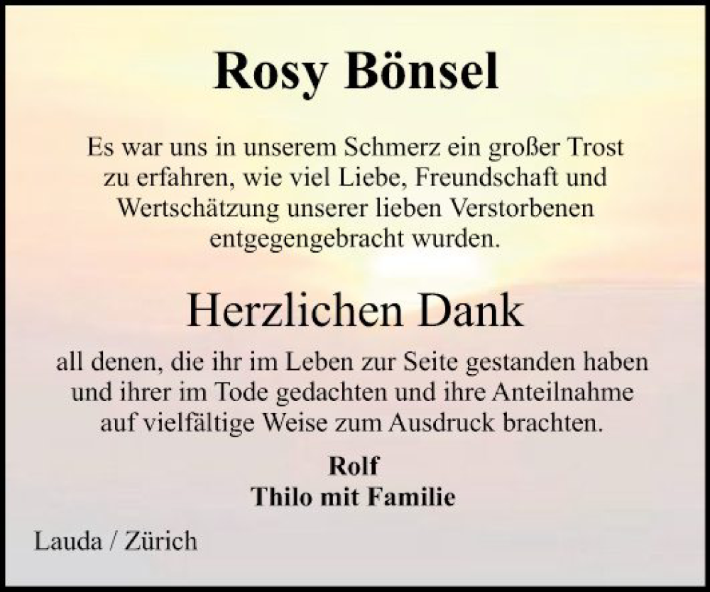  Traueranzeige für Rosy Bönsel vom 24.01.2024 aus Fränkische Nachrichten