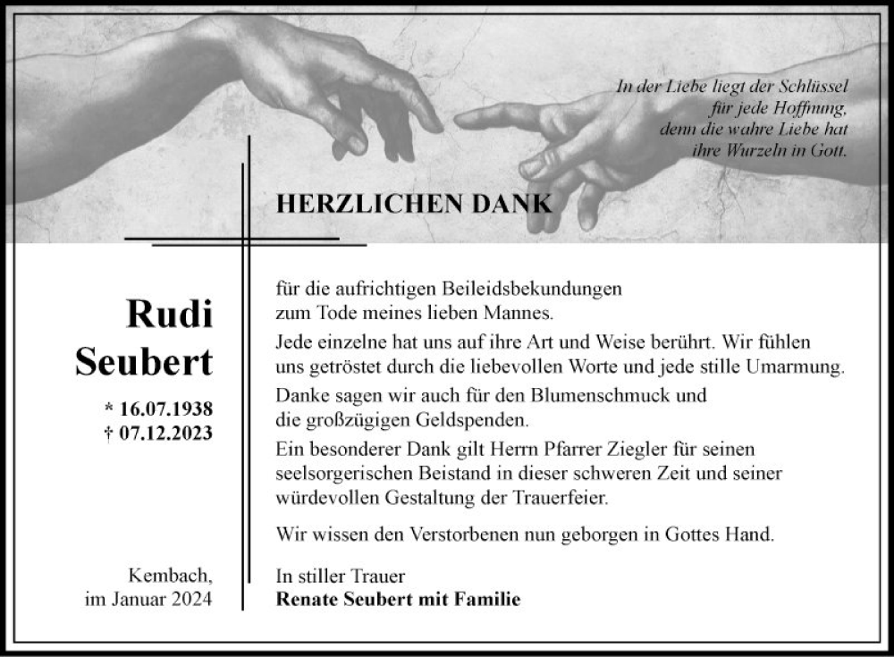 Traueranzeige für Rudi Seubert vom 20.01.2024 aus Fränkische Nachrichten