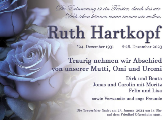 Traueranzeige von Ruth Hartkopf von Schwetzinger Zeitung
