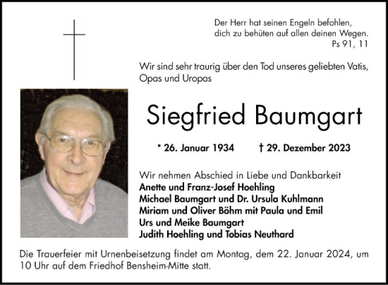 Traueranzeige von Siegfried Baumgart von Bergsträßer Anzeiger