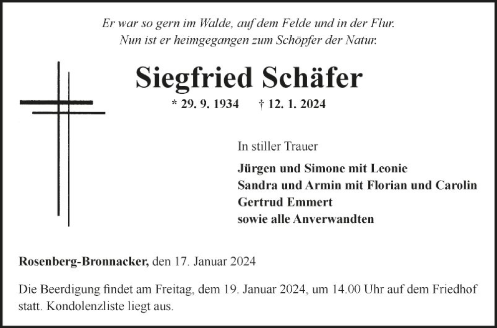  Traueranzeige für Siegfried Schäfer vom 17.01.2024 aus Fränkische Nachrichten