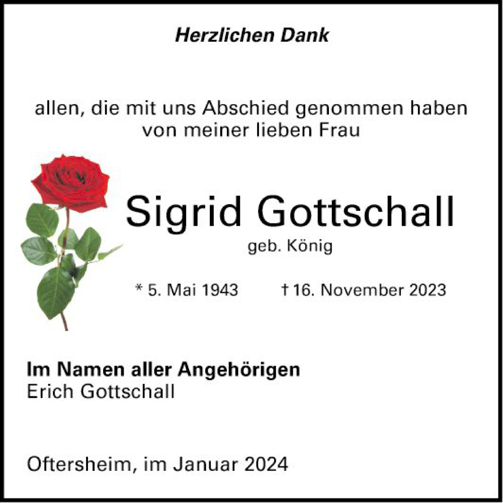  Traueranzeige für Sigrid Gottschall vom 11.01.2024 aus Schwetzinger Zeitung