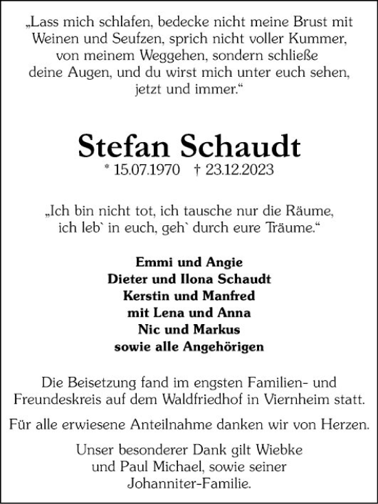 Traueranzeige von Stefan Schaudt von Mannheimer Morgen