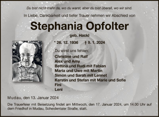 Traueranzeige von Stephania Opfolter von Fränkische Nachrichten