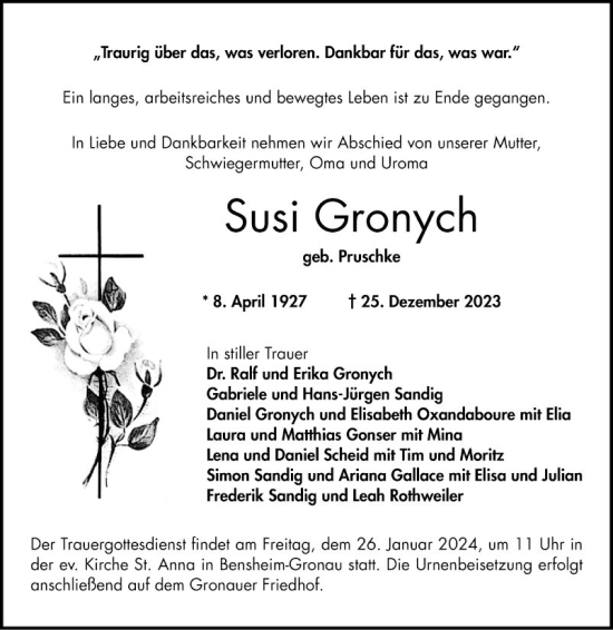 Traueranzeige von Susi Gronych von Bergsträßer Anzeiger