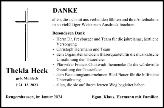 Traueranzeige von Thekla Heck von Fränkische Nachrichten