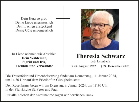 Traueranzeige von Theresia Schwarz von Fränkische Nachrichten