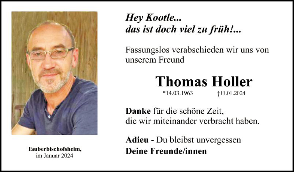  Traueranzeige für Thomas Hohler vom 20.01.2024 aus Fränkische Nachrichten