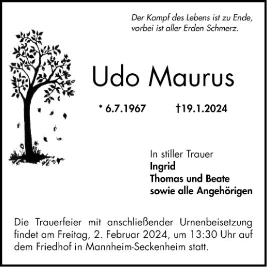 Traueranzeige von Udo Maurus von Mannheimer Morgen