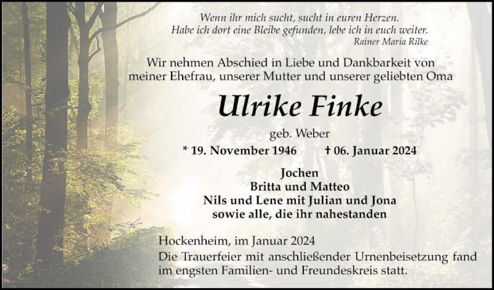  Traueranzeige für Ulrike Finke vom 20.01.2024 aus Schwetzinger Zeitung