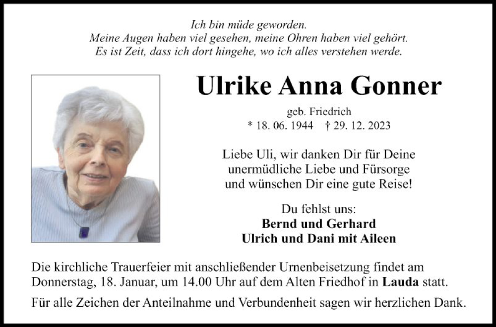  Traueranzeige für Ulrike Anna Gonner vom 12.01.2024 aus Fränkische Nachrichten