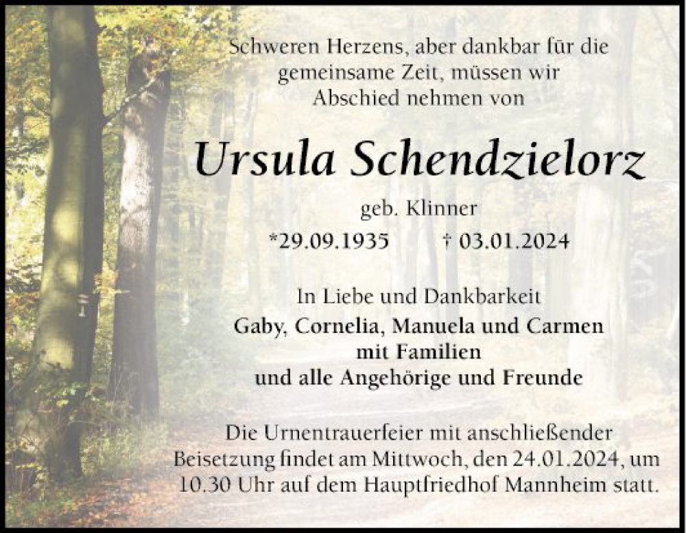  Traueranzeige für Ursula Schendzielorz vom 13.01.2024 aus Mannheimer Morgen