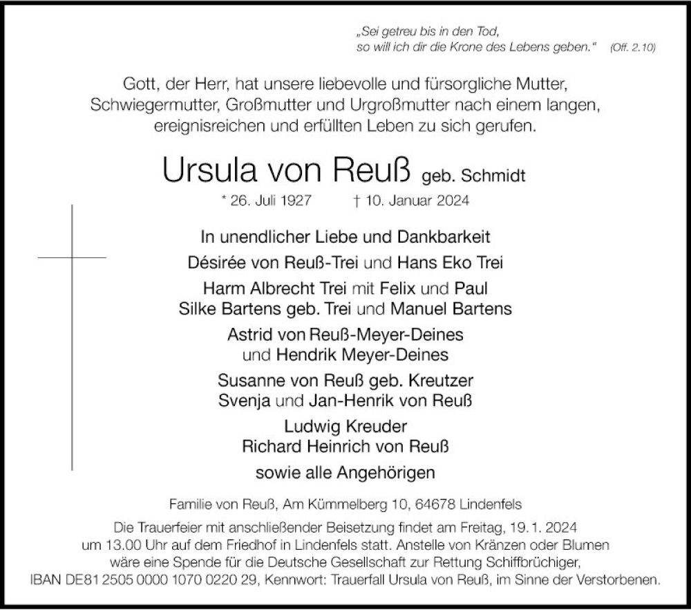  Traueranzeige für Ursula von Reuß vom 13.01.2024 aus Bergsträßer Anzeiger