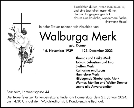 Traueranzeige von Walburga Merk von Bergsträßer Anzeiger