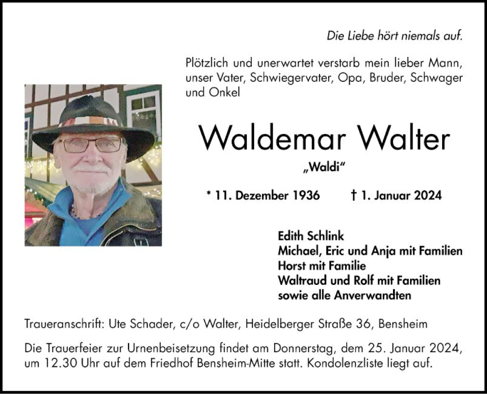  Traueranzeige für Waldemar Walter vom 20.01.2024 aus Bergsträßer Anzeiger