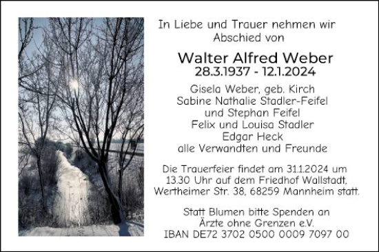Traueranzeige von Walter Alfred Weber von Mannheimer Morgen